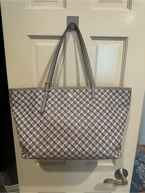 Tory Burch Grey Logo-Print Tote with Gold Emblem
